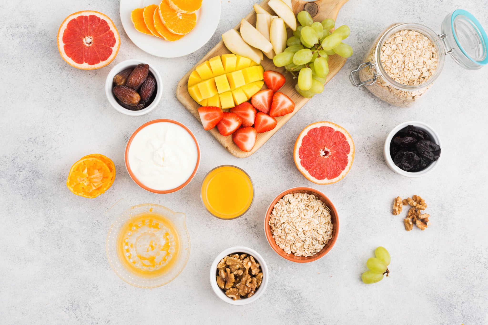 Top view of a healthy habits breakfast with oats and fruits