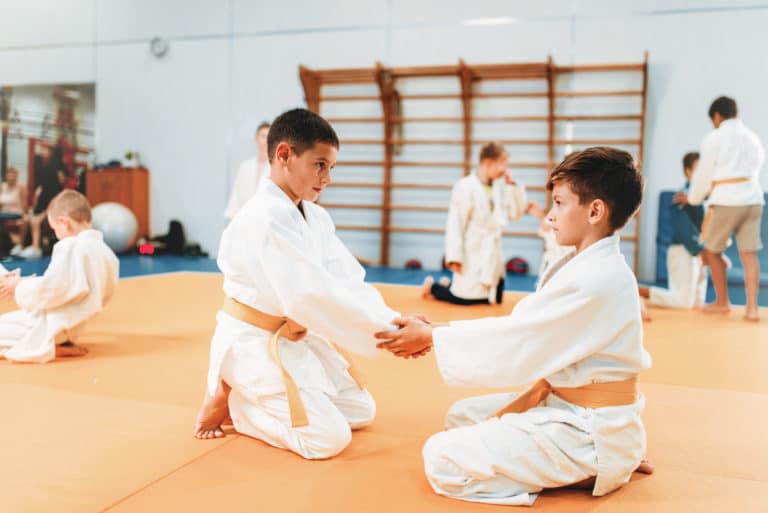 Boys in uniform practice martial arts bully prevention.