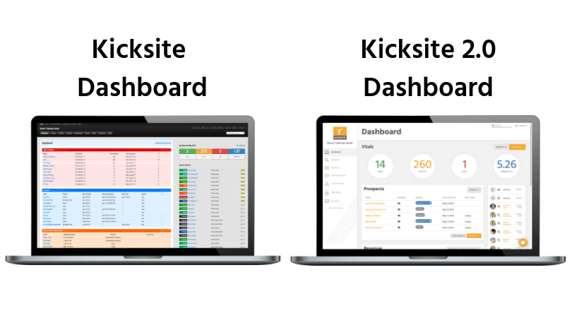 Macbook Pro laptop with Kicksite's old dashboard and an image of the new Kicksite Dashboard