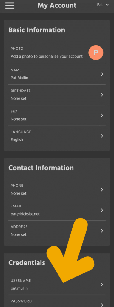 Screenshot of account info with arrow pointing to Credentials section