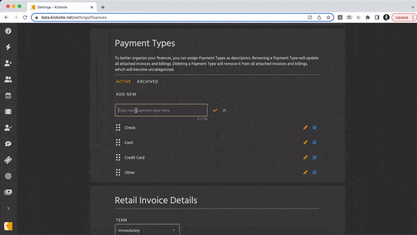 Payment Types settings