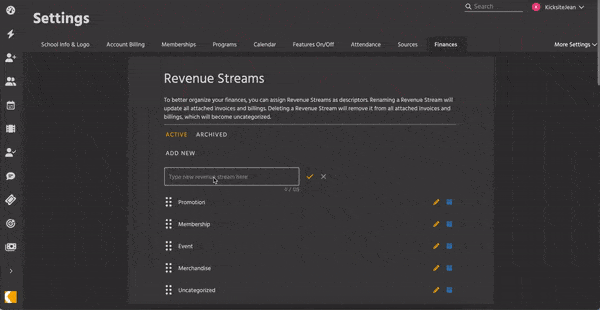 Revenue Streams settings