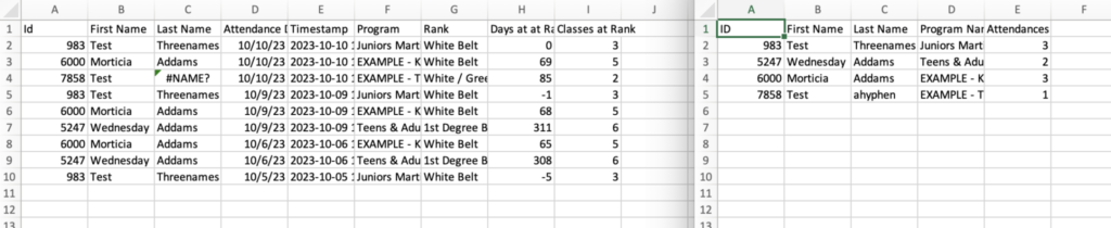 Attendance Log exported data example