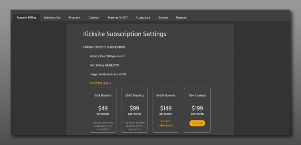Screenshot of subscription settings in Kicksite