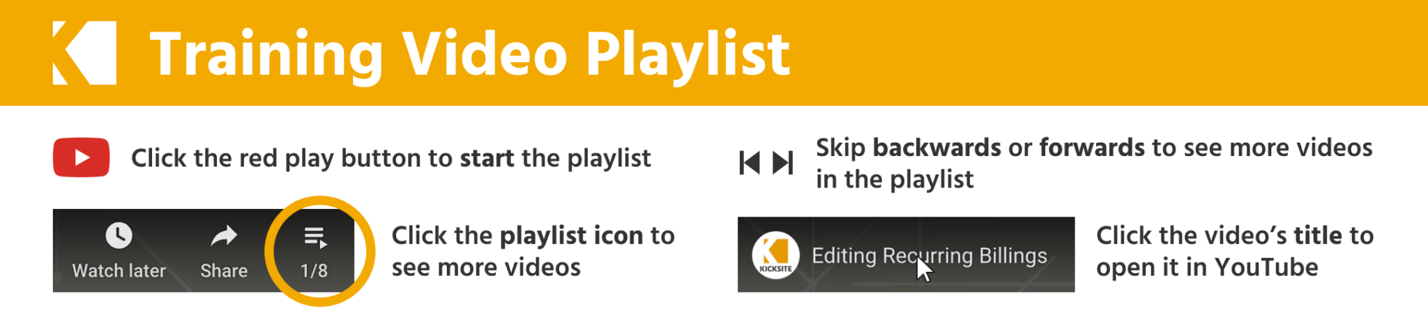 Click the red play button to start the playlist. Click the playlist icon to view more videos. Skip backwards or forwards to see more videos in the playlist. Click the video’s title to open it in YouTube.