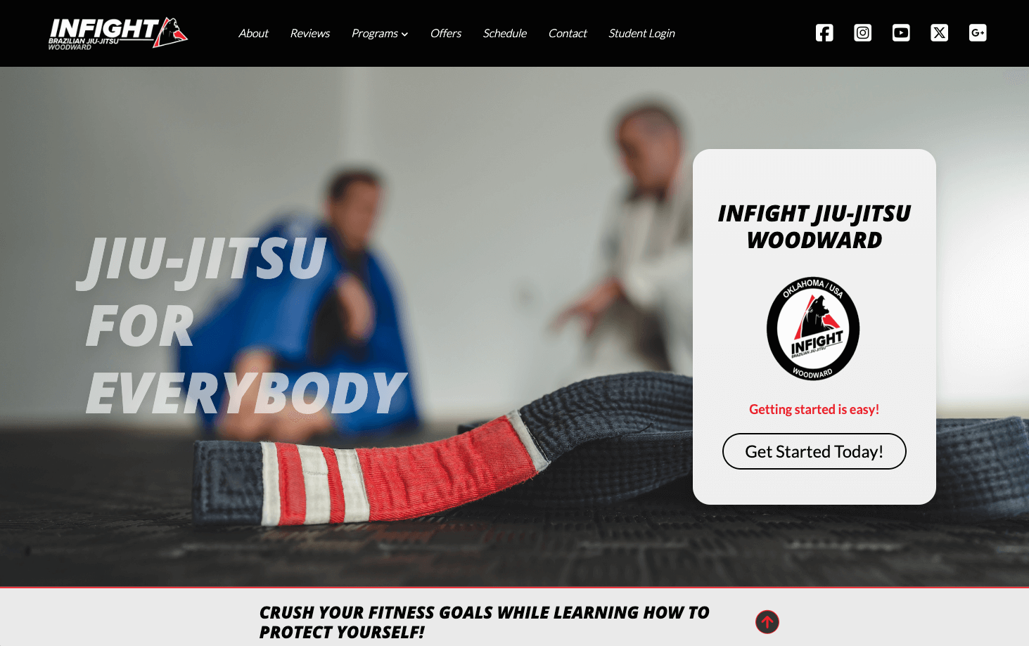 Website homepage for Infight Jiu-Jitsu Woodward, featuring the text 'Jiu-Jitsu for Everybody' with a Jiu-Jitsu belt in the foreground and two blurred figures in the background.