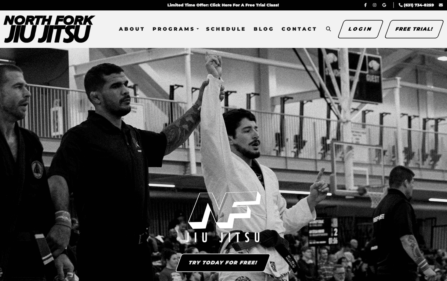 Website homepage for North Fork Jiu Jitsu, featuring a black-and-white image of a Jiu Jitsu match where a competitor's arm is raised in victory by the referee.