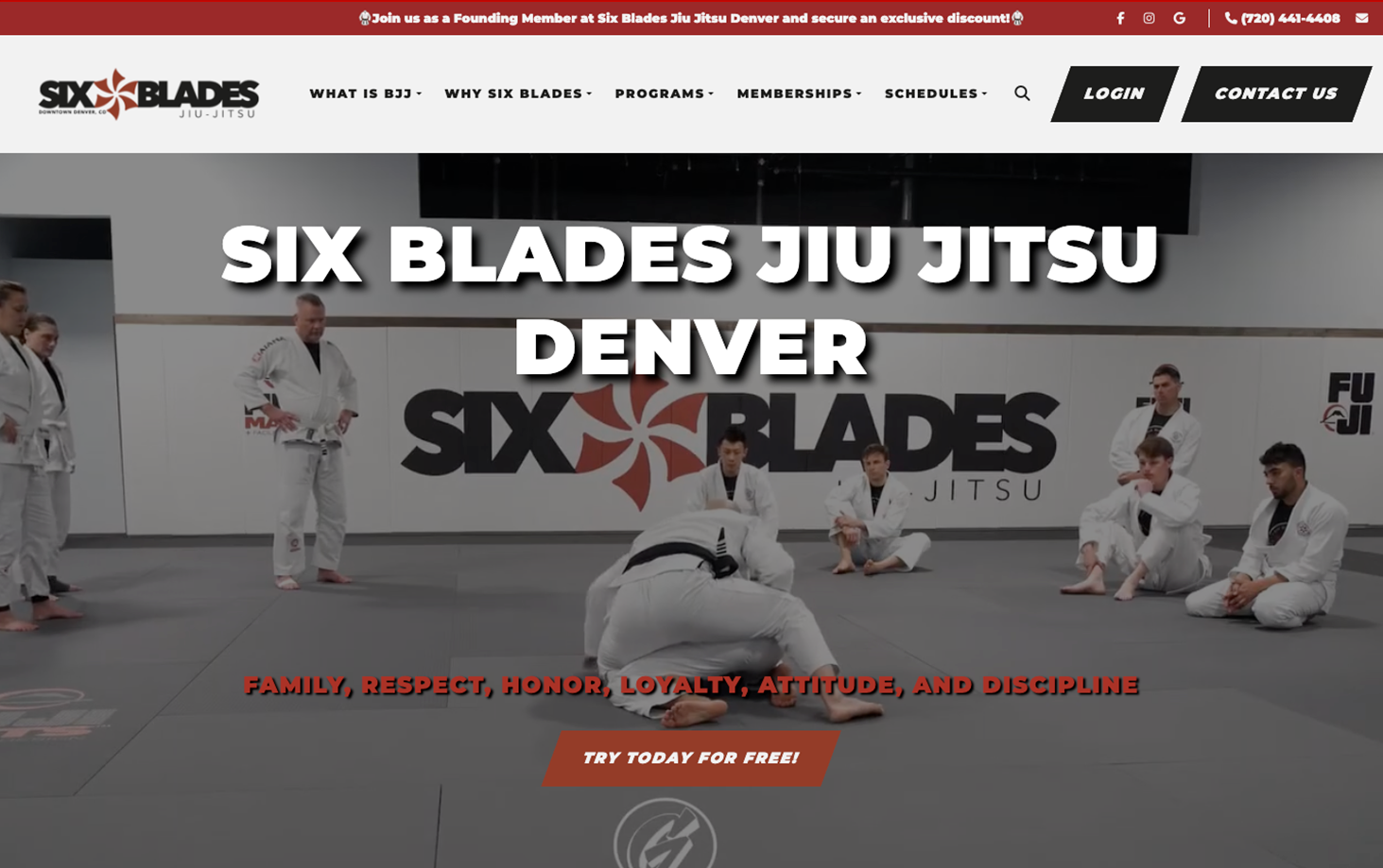 Website homepage for Six Blades Jiu Jitsu Denver, showing a group of students in white gis standing and sitting on the mat with the large text 'Six Blades Jiu Jitsu Denver' prominently displayed.