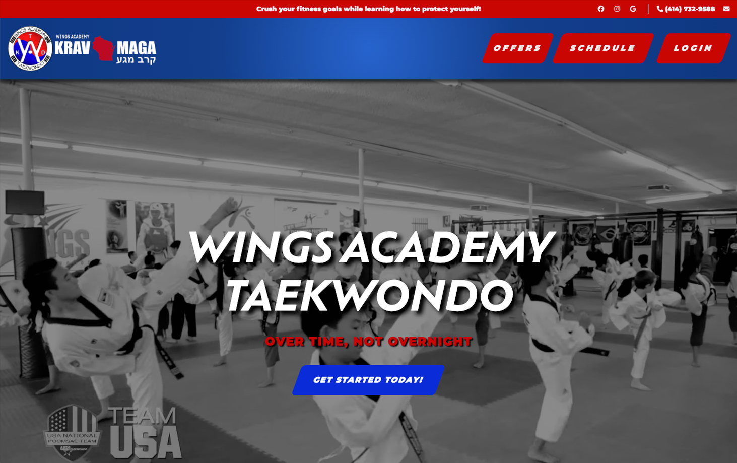 Website homepage for Wings Academy Taekwondo, showing a group of students in white uniforms practicing high kicks in a dojo, with the text 'Wings Academy Taekwondo' prominently displayed.