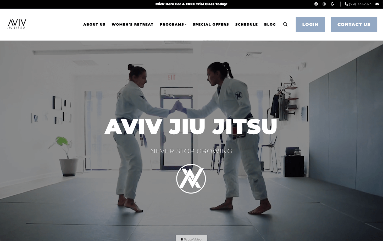 Homepage of Aviv Jiu Jitsu website featuring video of two women preparing to grapple