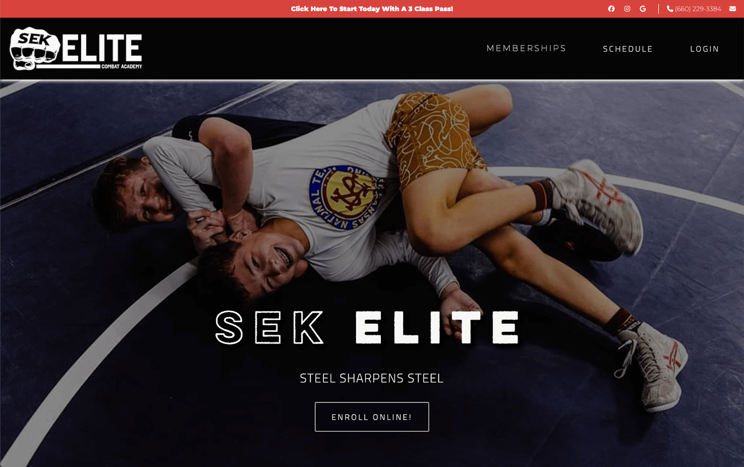 SEK Elite website homepage featuring an image of two young men wrestling