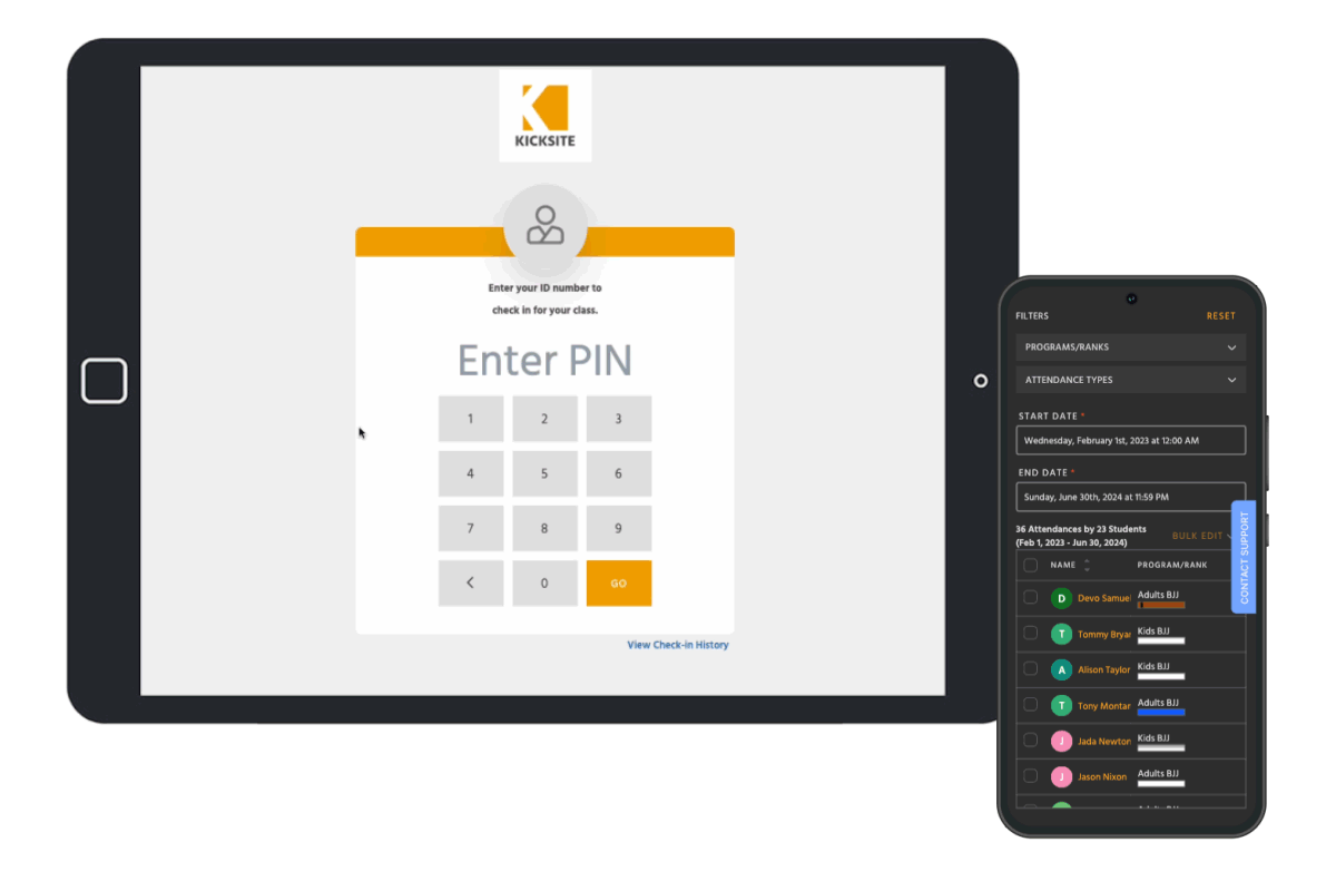 Animation of student checking in to class on tablet with their name and stats displaying