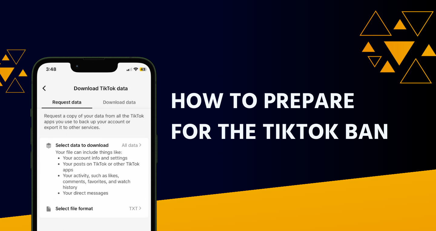 Mobile phone showing TikTok data download screen next to 'How to prepare for the TikTok ban' text