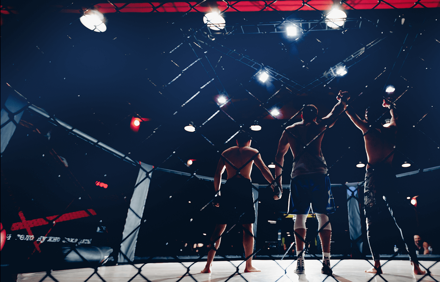 MMA fighters standing in the octagon and raising arms in victory