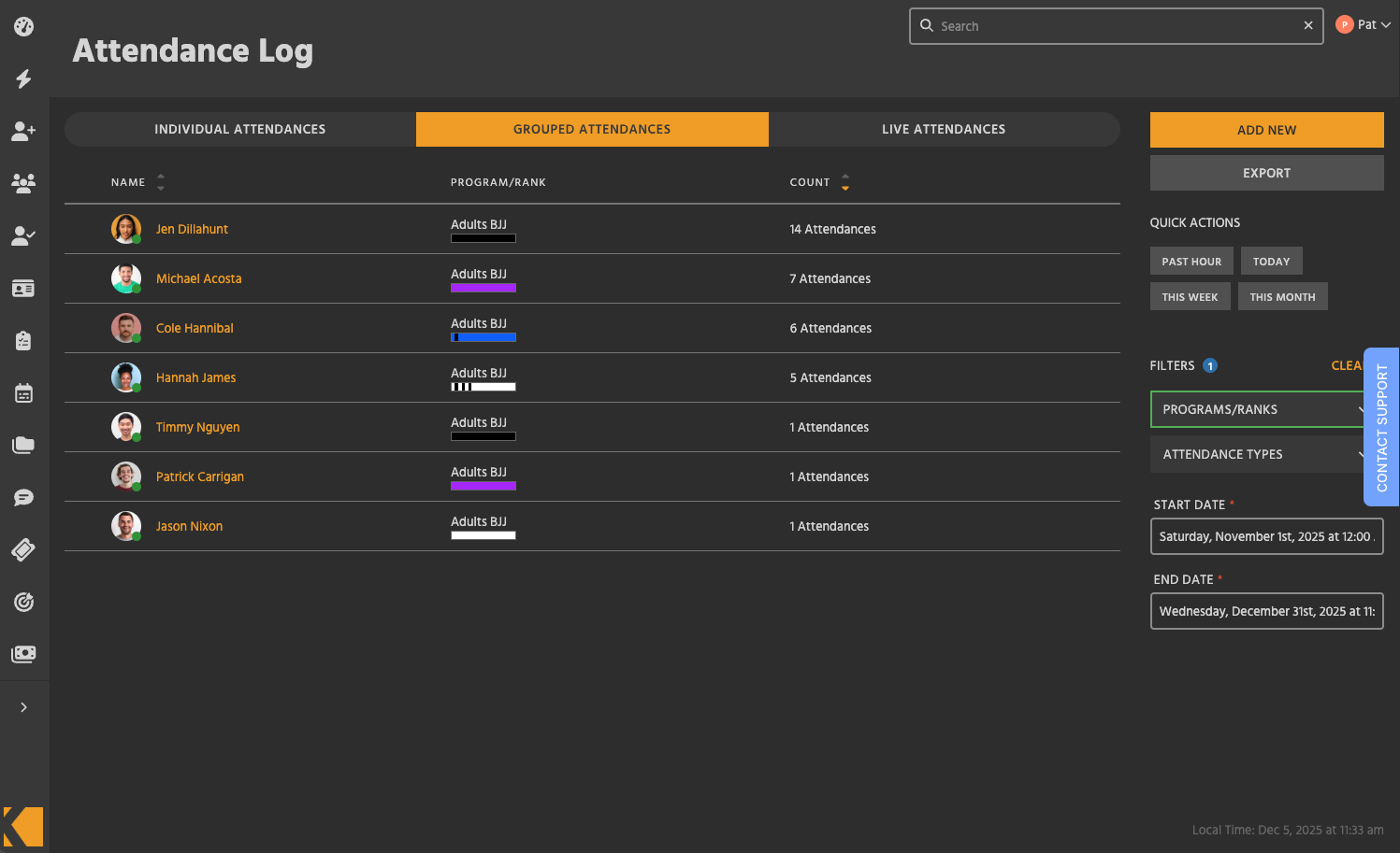 Screenshot of the Kicksite Grouped Attendances screen with a list of Adult BJJ students and their class attendance totals.