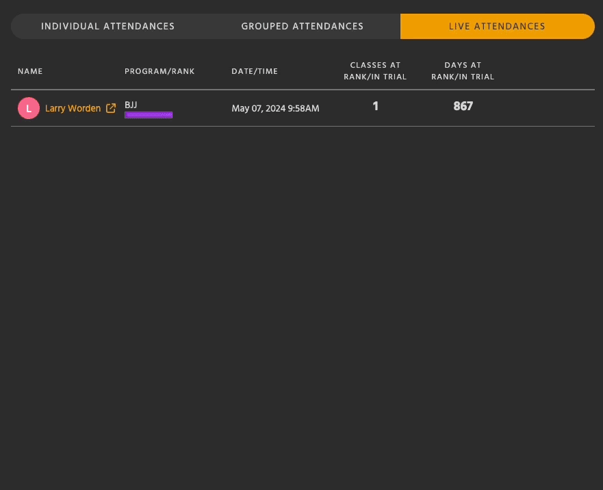Animation showing the Kicksite Live Attendances screen, with names populating on a list as they check in to class.