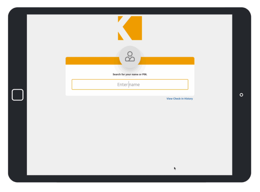 A tablet displaying the Kicksite check-in screen, animated to show a student name being entered, selected and a checked in