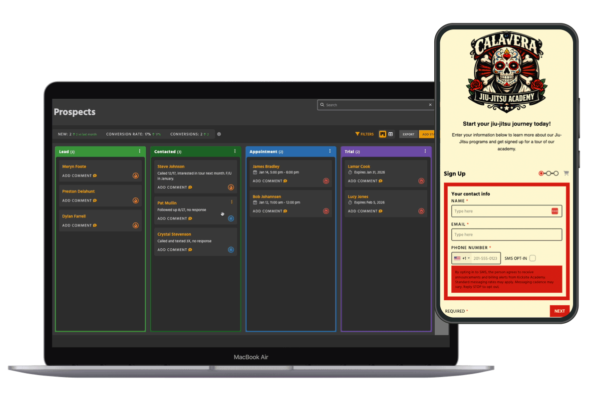 Laptop showing the Kicksite Prospects List, overlapped by a phone showing a lead capture form landing page for a jiu-jitsu academy