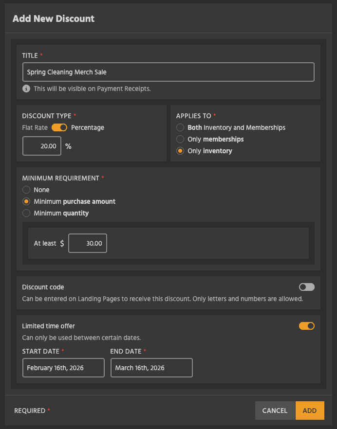 Screenshot of the Kicksite Discount creator, showing various criteria like discount amount, time period, and applicable items
