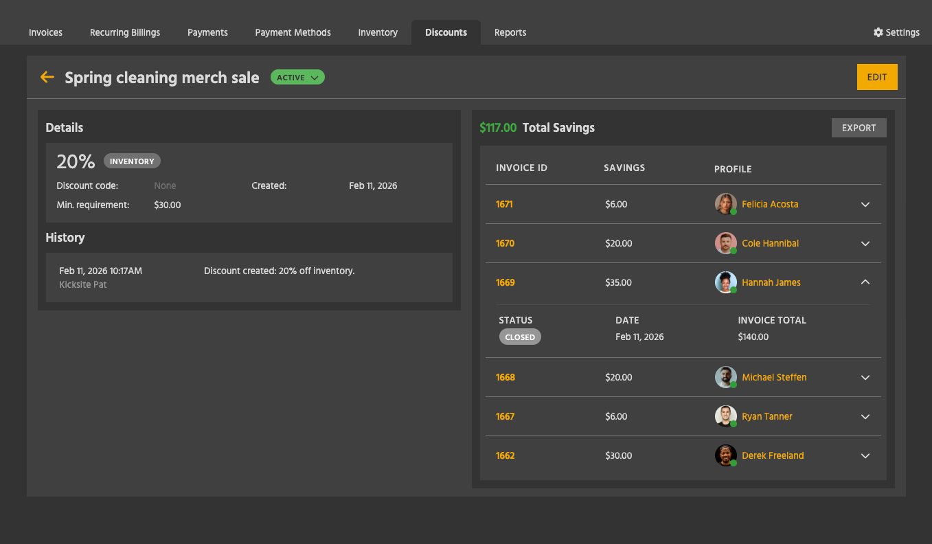 Screenshot of the Kicksite Discount Details page, showing a list of discount redemptions by students