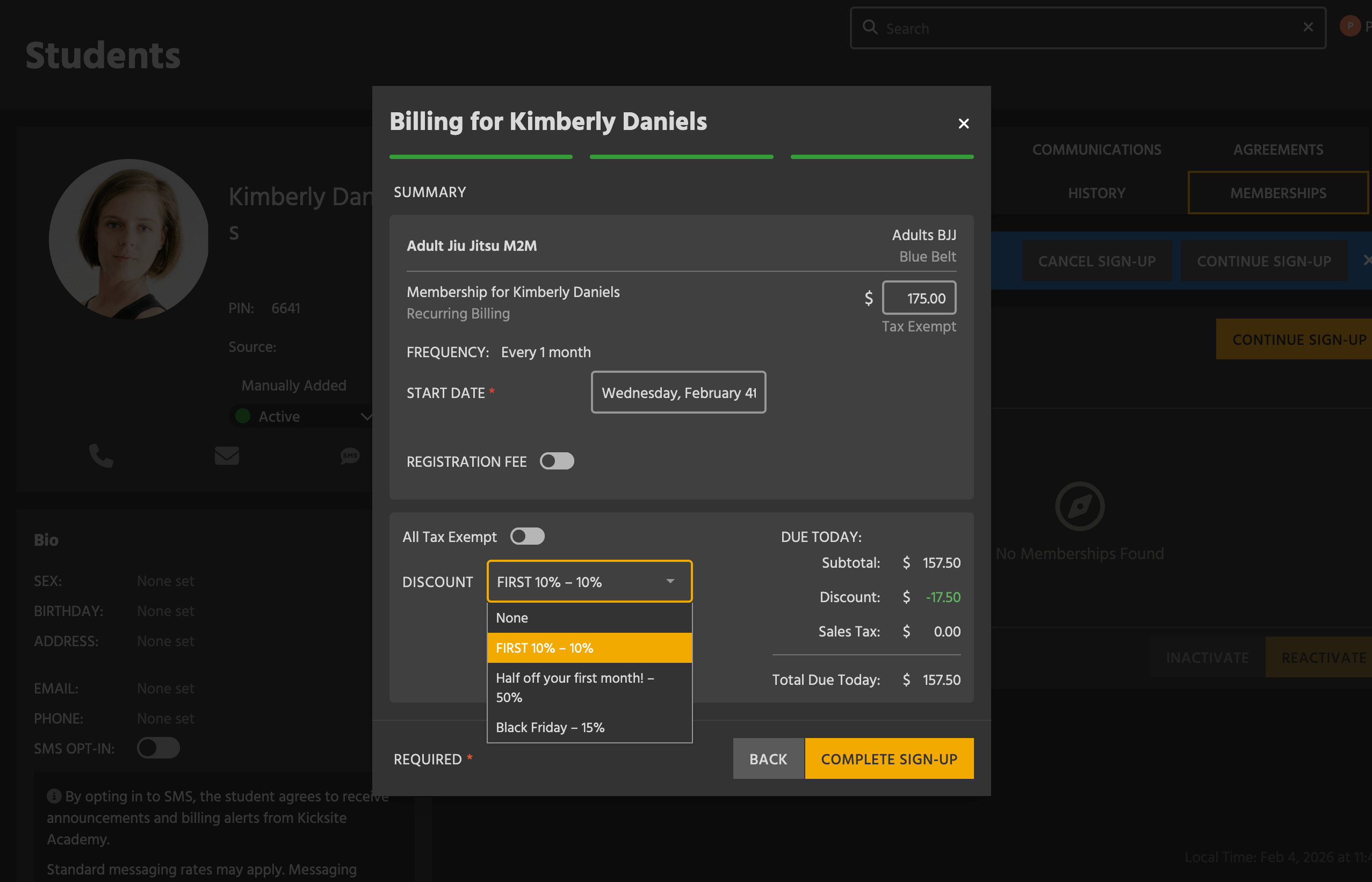 Screenshot of the membership sign-up module in Kicksite showing a discount being applied
