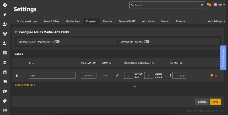 Add and copy belt ranks on the Configure Ranks page.